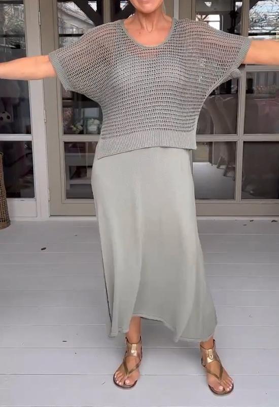 Elegant Knit Mesh Overlay & Dress Two-Piece Set (Buy 2 Free Shipping)