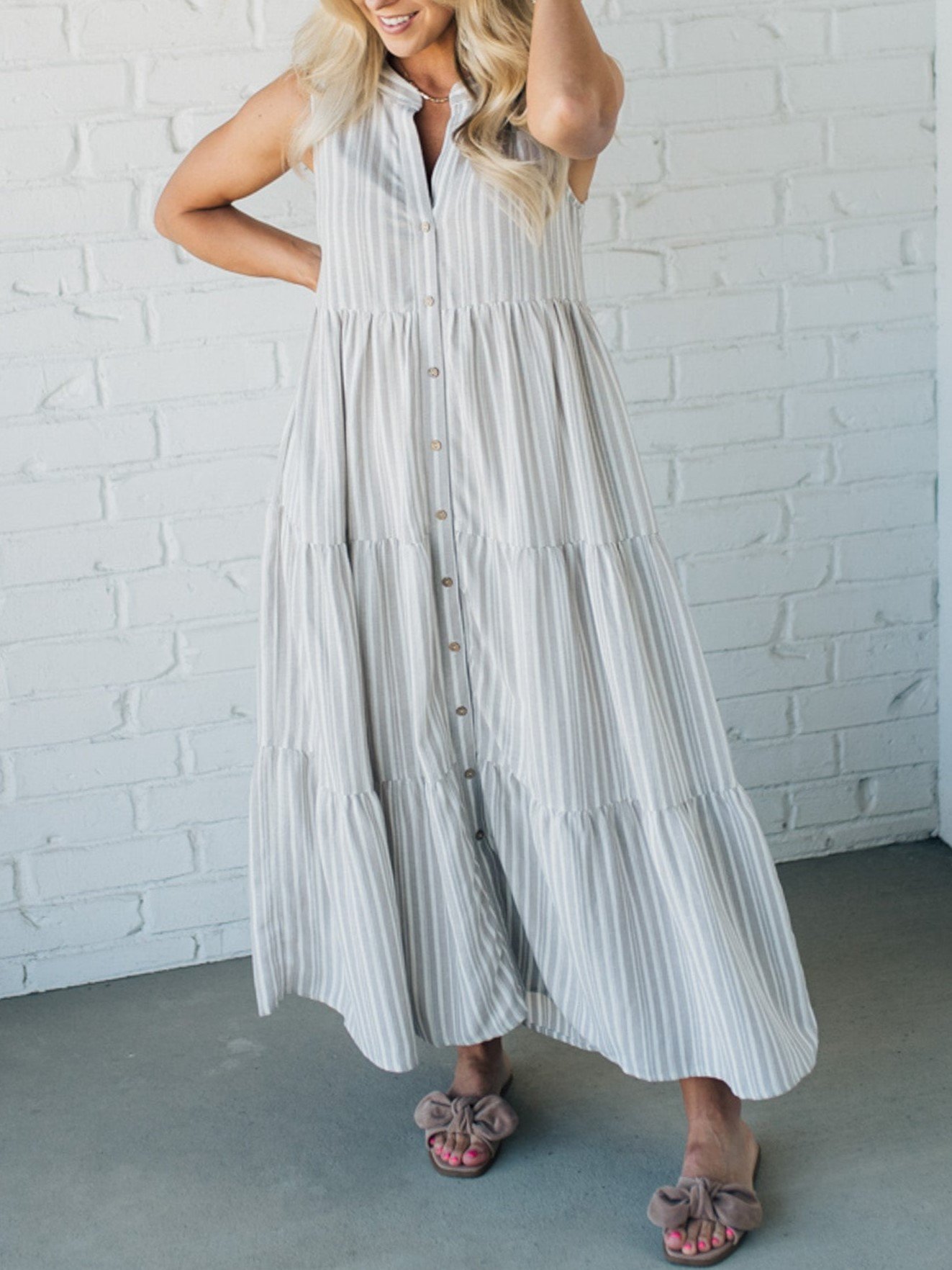V Neck Striped Button Front Tiered Dress (Buy 2 Free Shipping)