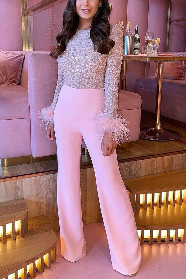 Ready for Vegas Feather Detail Trim Sequin Jumpsuit (Free Shipping)
