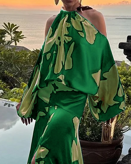 Off-the-shoulder Printed Slit Dress (Buy 2 Free Shipping)