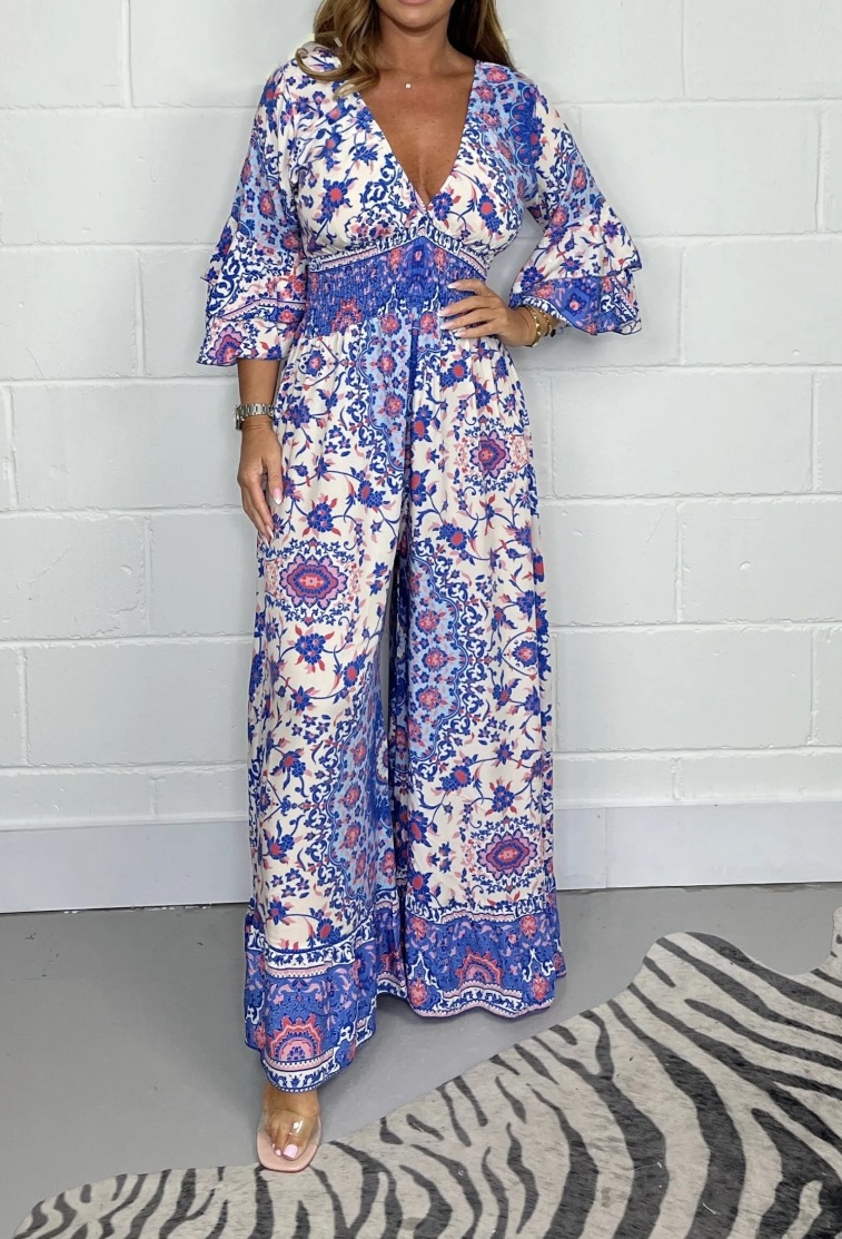 Boho Floral Print Wide Leg Jumpsuit with Smocked Waist  (Buy 2 Free Shipping)