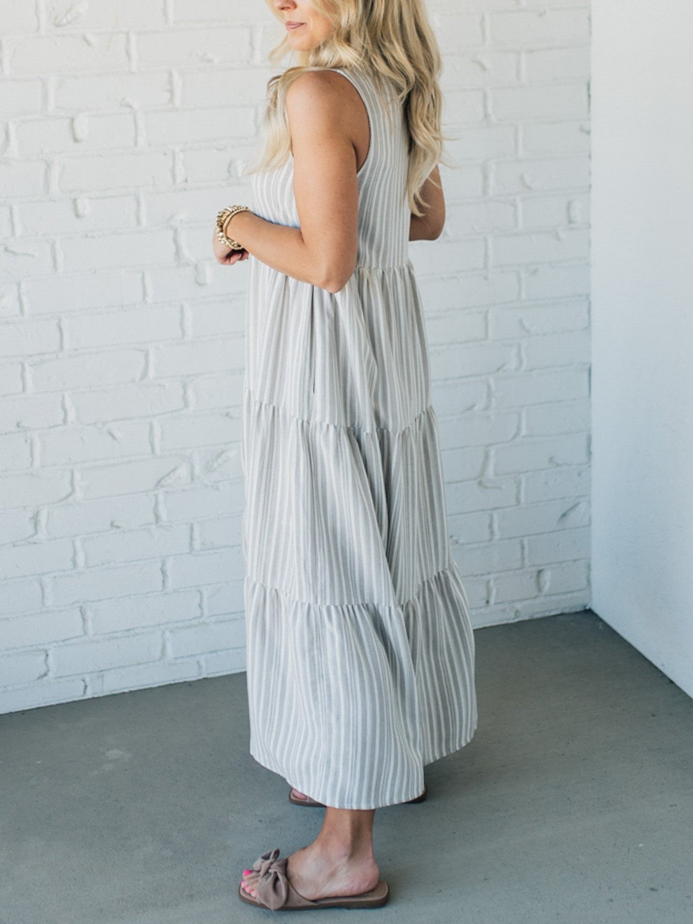 V Neck Striped Button Front Tiered Dress (Buy 2 Free Shipping)