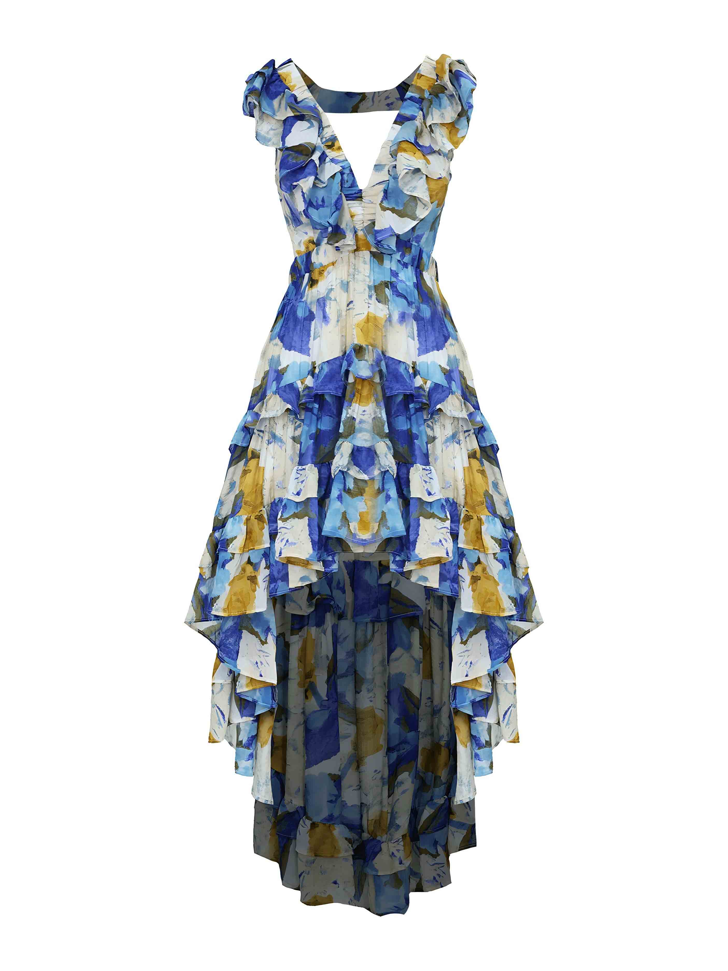 Floral Ruffle High-Low Backless Dress with Deep V-Neck