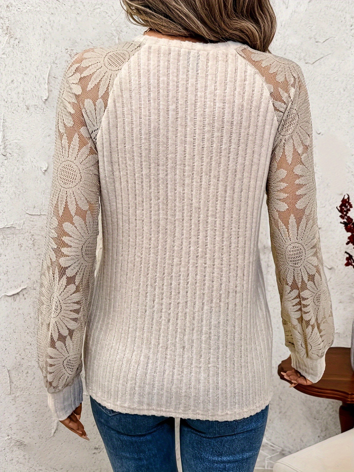 Elegant Textured Knit Lace Sleeve Top