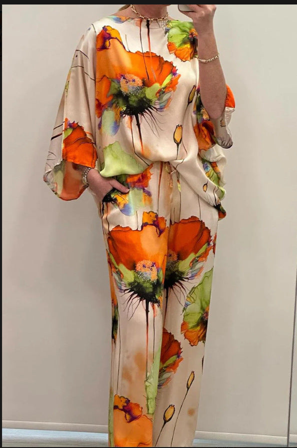 Elegant Watercolor Floral Print Loose Fit Two-Piece Set (Buy 2 Free Shipping)