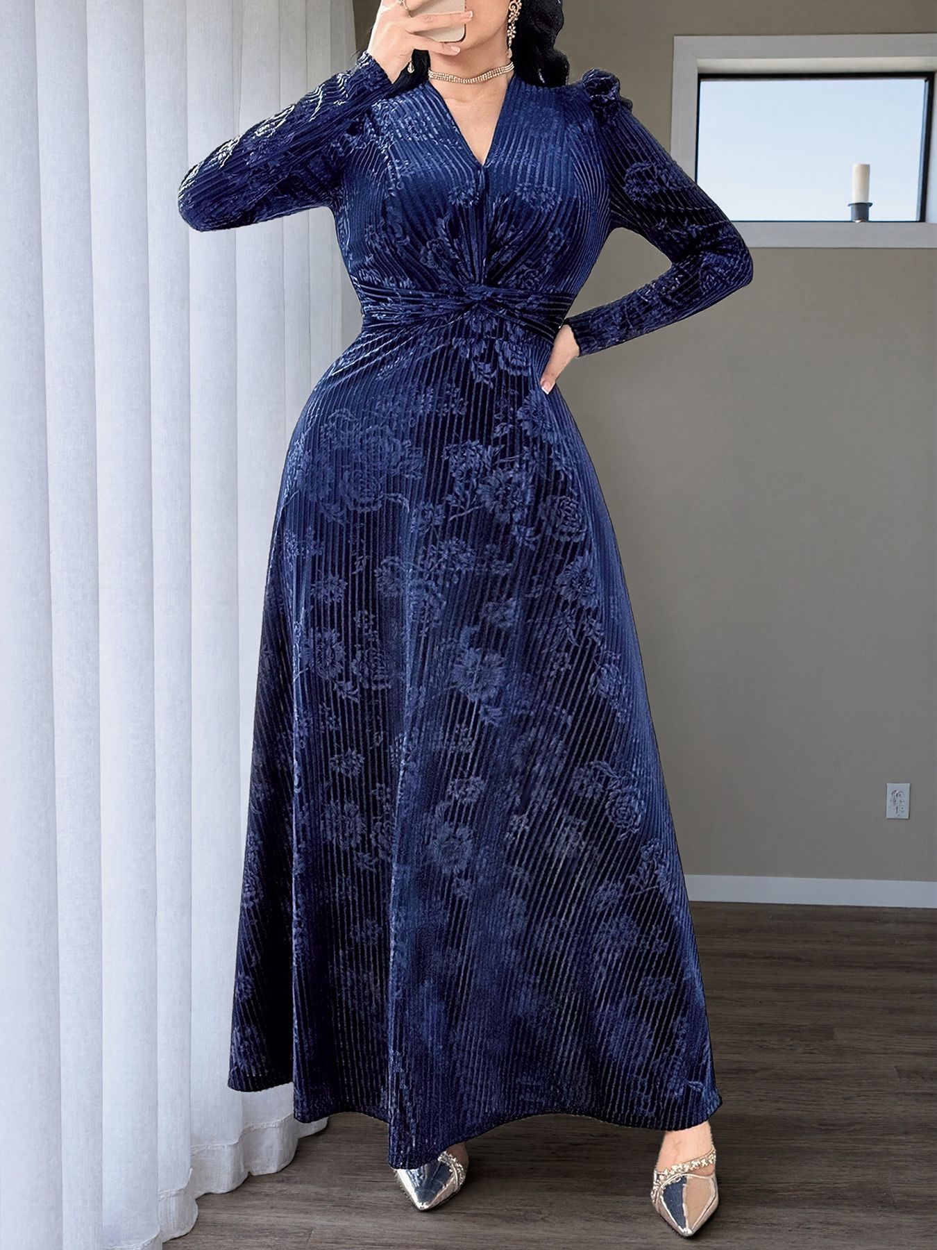 Elegant V-Neck Floral Velvet-Look Ruched Waist Maxi Dress