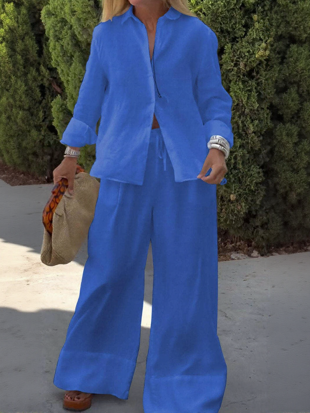 Relaxed Linen Button-Up Shirt and Wide-Leg Pants Two-Piece Set