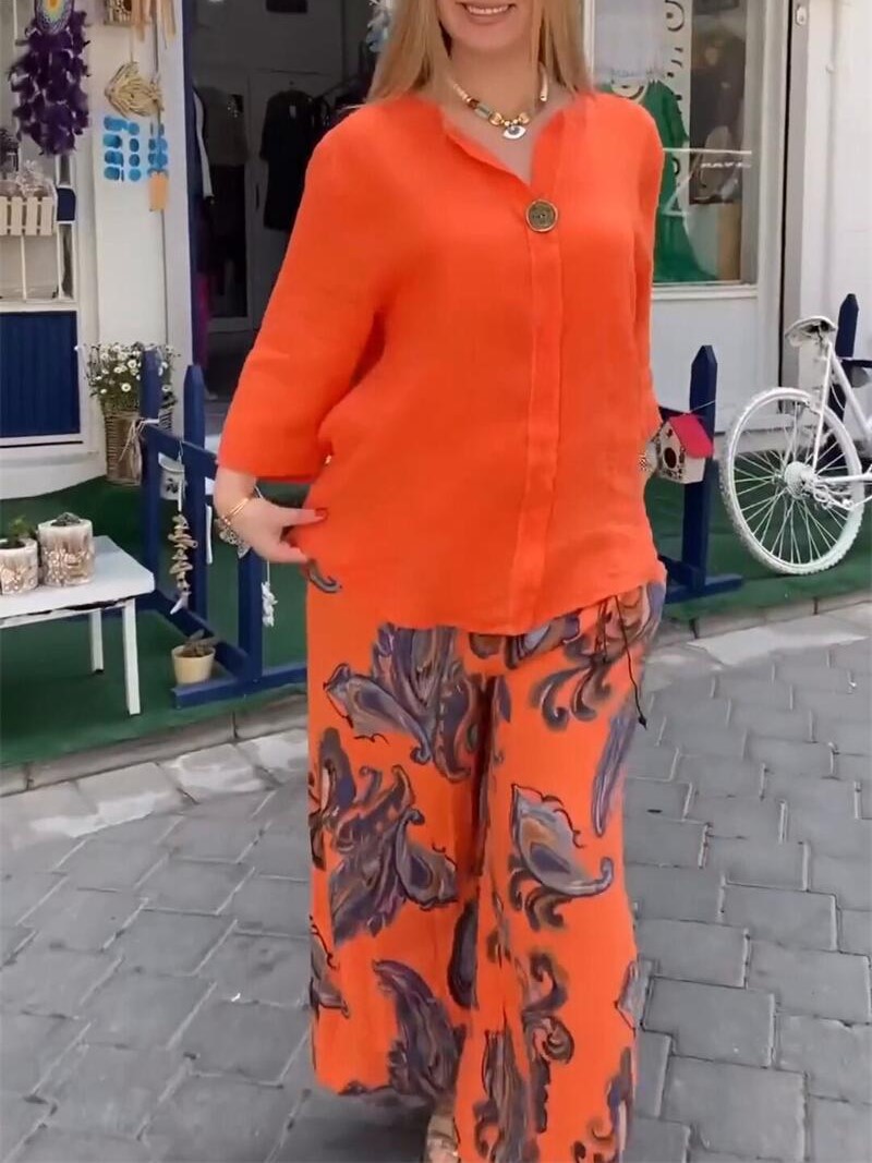 Relaxed Cotton-Linen V-Neck Top and Printed Wide Leg Pants Set (Buy 2 Free Shipping)