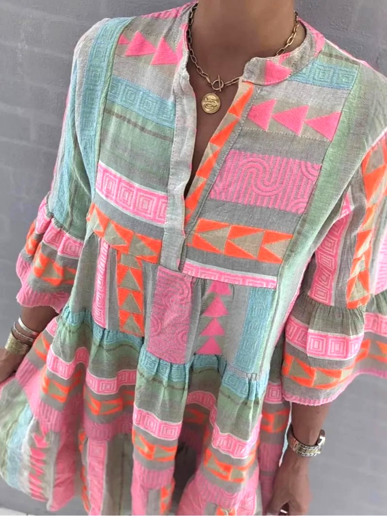 Colorblock Boho Flare Sleeve Swing Dress