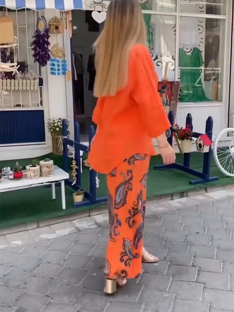 Relaxed Cotton-Linen V-Neck Top and Printed Wide Leg Pants Set (Buy 2 Free Shipping)