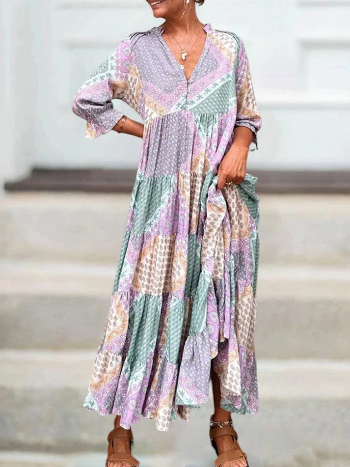 Boho Patchwork V-Neck Tiered Maxi Dress (Buy 2 Free Shipping)