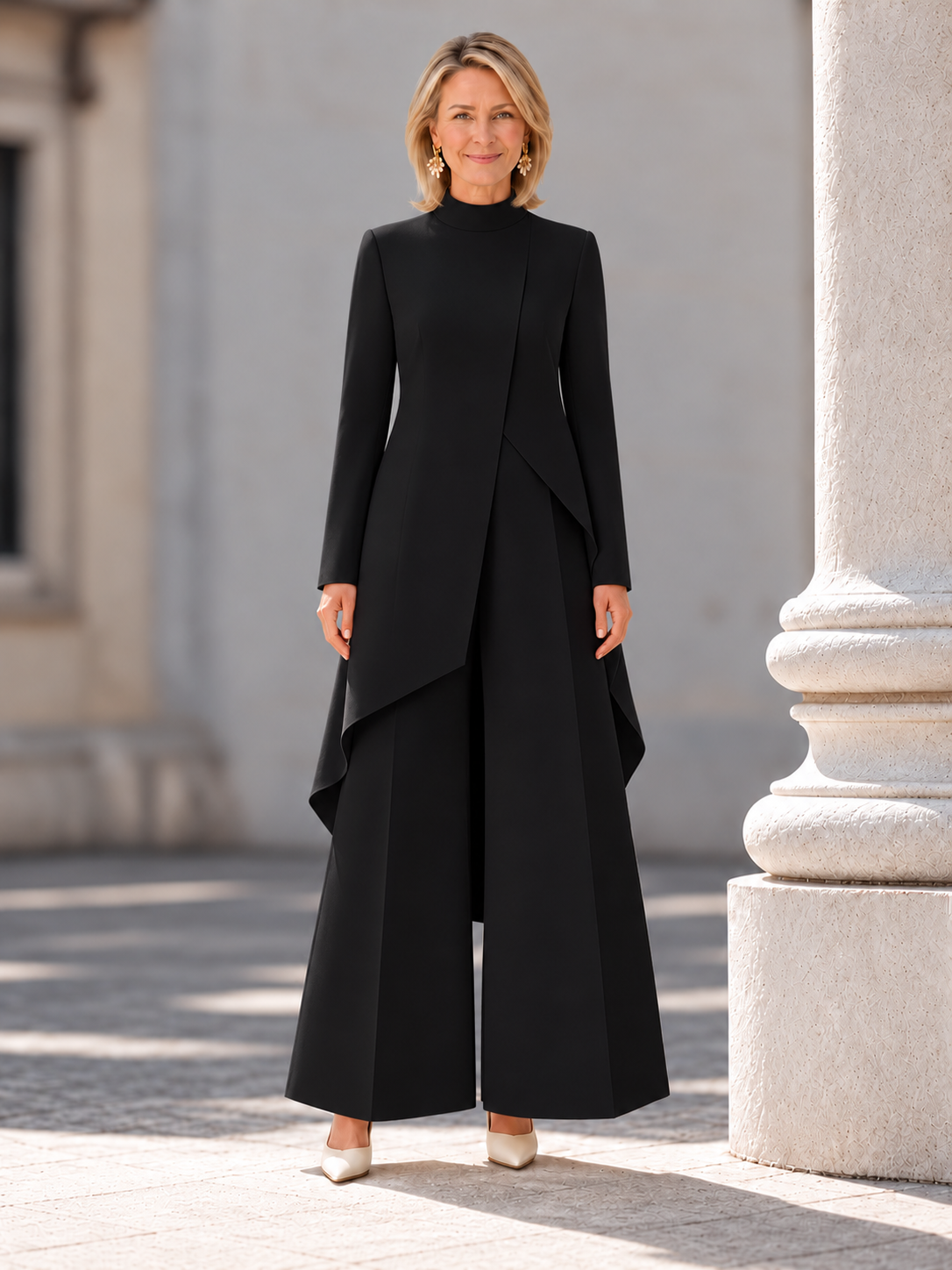 Elegant Long-Sleeve High-Neck Asymmetric Tunic Wide-Leg Two-Piece Set