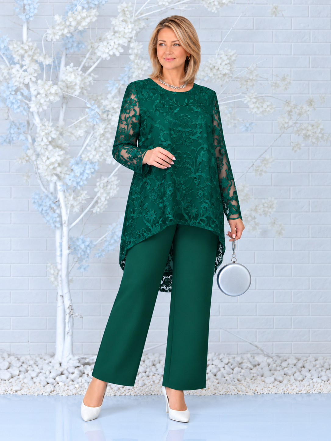 Elegant Lace Overlay Asymmetric Hem Top and Pants Set
