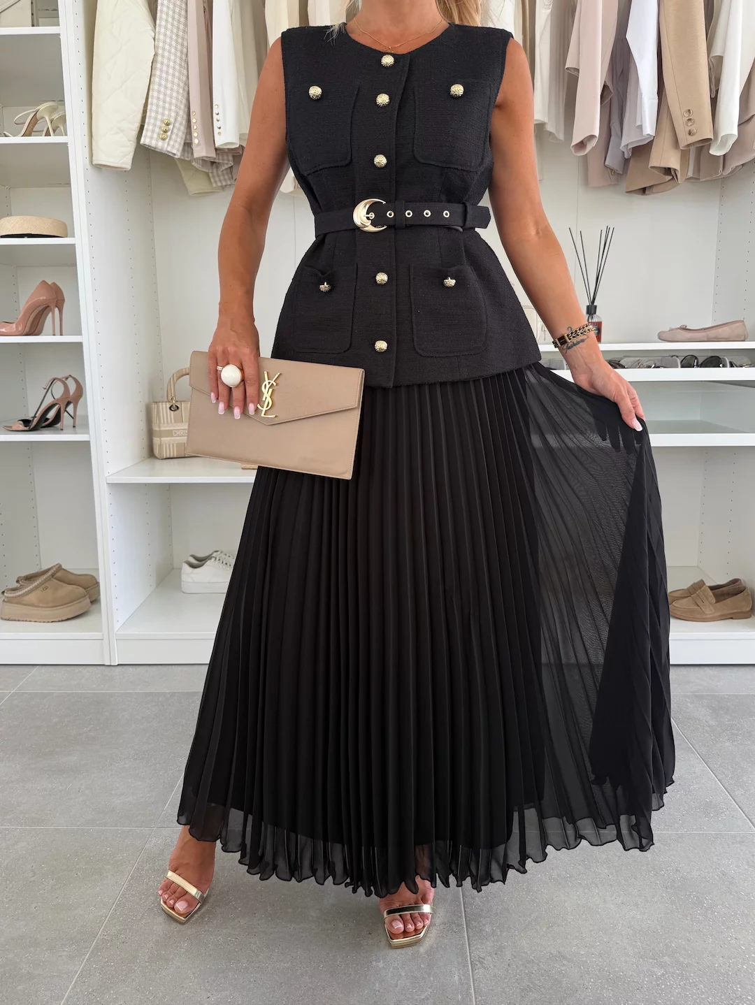 Elegant Sleeveless Button-Up Top & Pleated Maxi Skirt Two-Piece Set