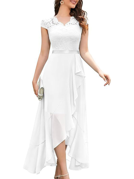 Elegant Lace High Low Chiffon Ruffle Hem Dress