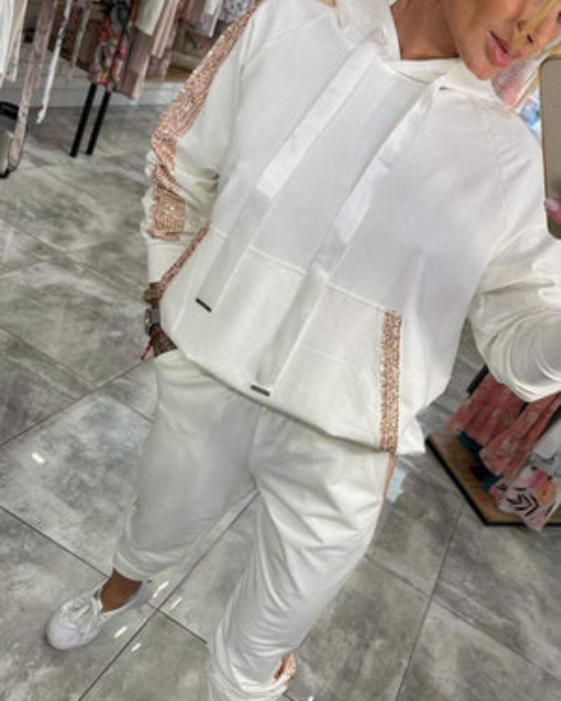 Casual Sequin Stripe Hoodie Jogger Two Piece Set (Buy 2 Free Shipping)