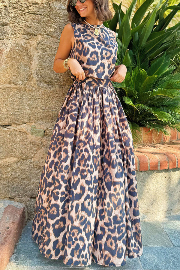 Leopard Print Back Tie-up Tank and Elastic Waist Pleated A-line Maxi Skirt Set