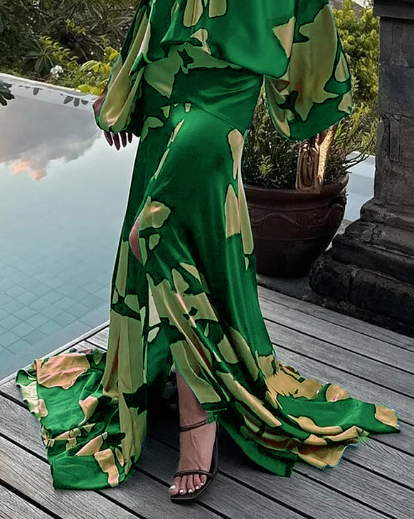 Off-the-shoulder Printed Slit Dress (Buy 2 Free Shipping)