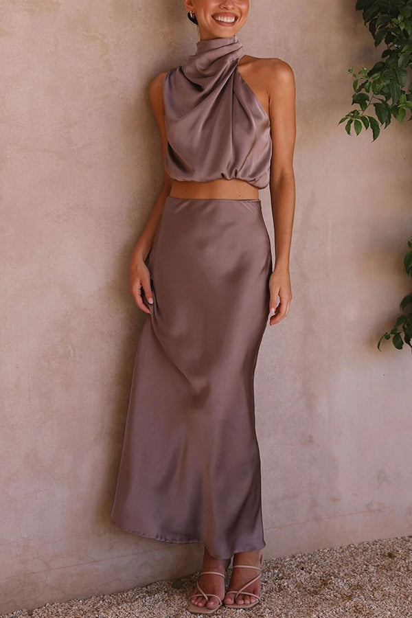 High Neck Satin Drape Maxi Skirt Set (Buy 2 Free Shipping)