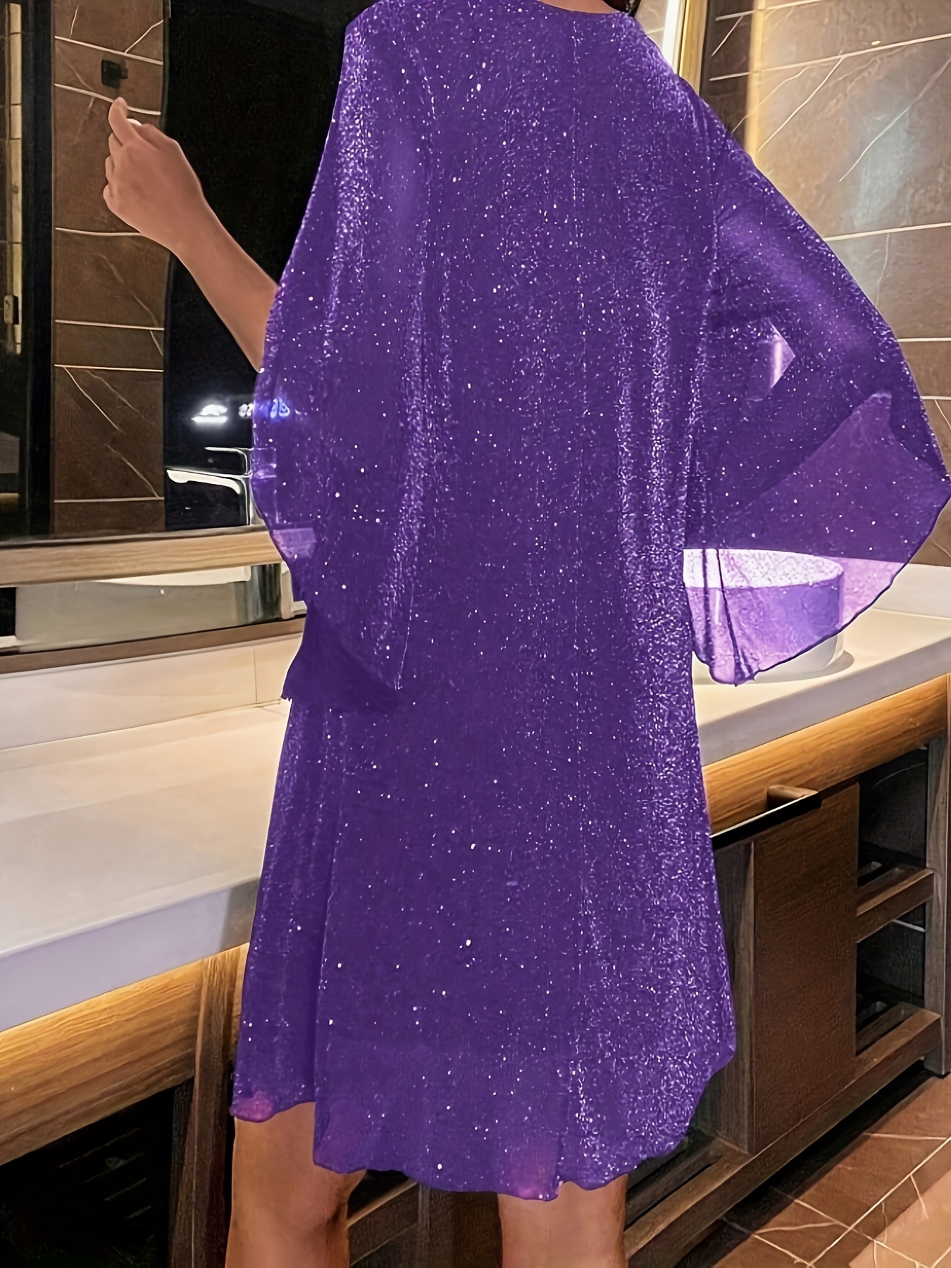 Plus Size Sparkly V-Neck Batwing Sleeve Dress (Buy 2 Free Shipping)