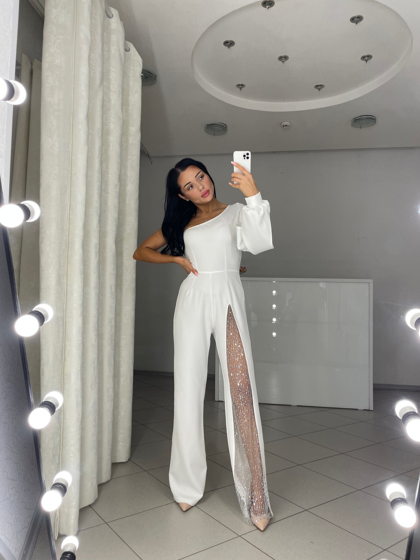 Oblique Shoulder One-sleeve  High Slit Sequin Jumpsuit (Buy 2 Free Shipping)