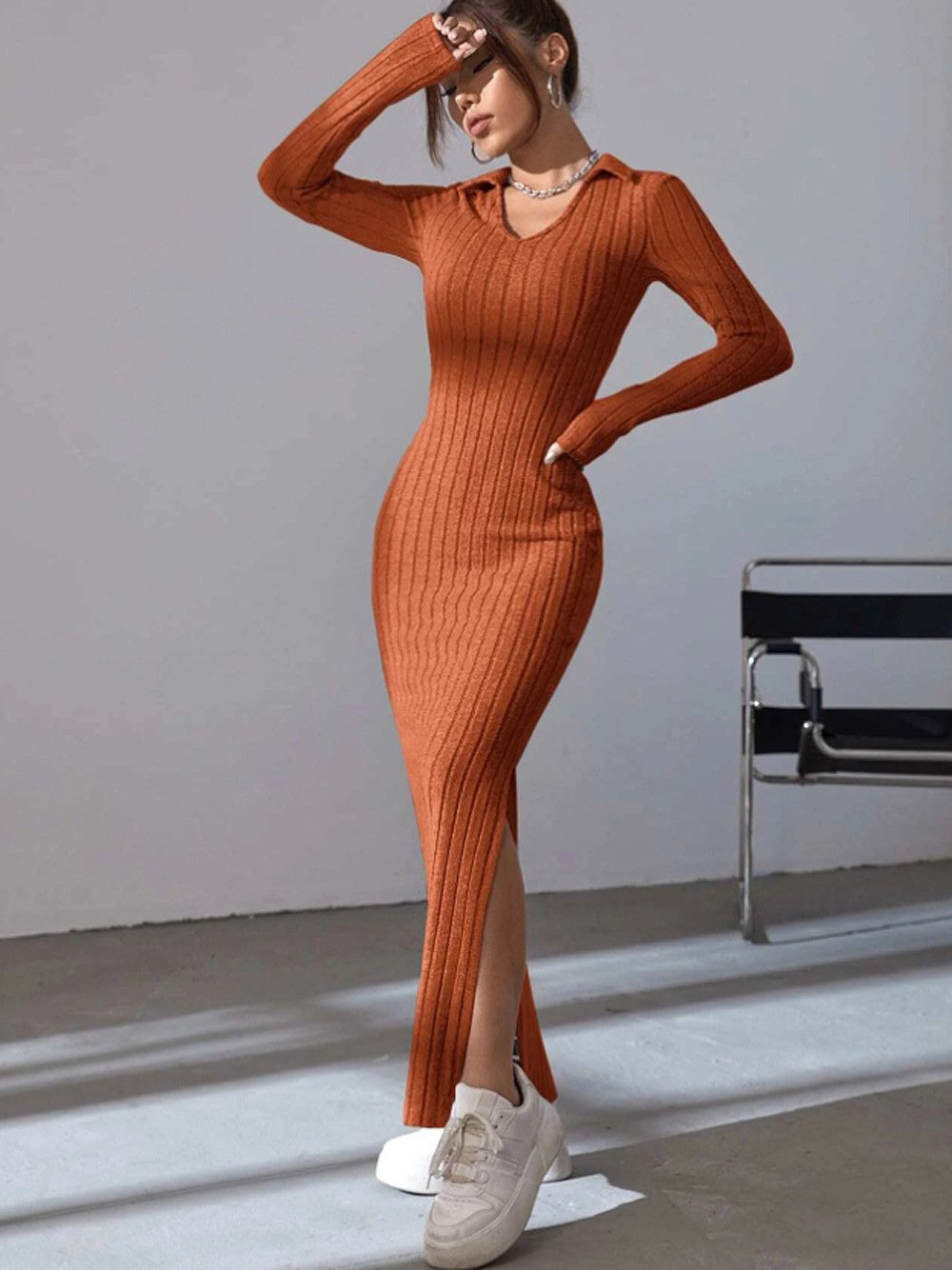 Knitted Fitted Lapel Long Sleeve Ribbed Dress (Buy 2 Free Shipping)