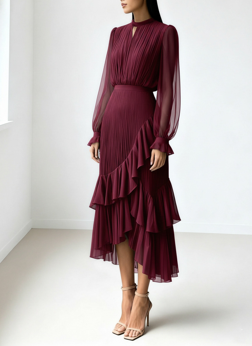Elegant Pleated Ruffle Asymmetrical Long Sleeve Dress (Buy 2 Free Shipping)