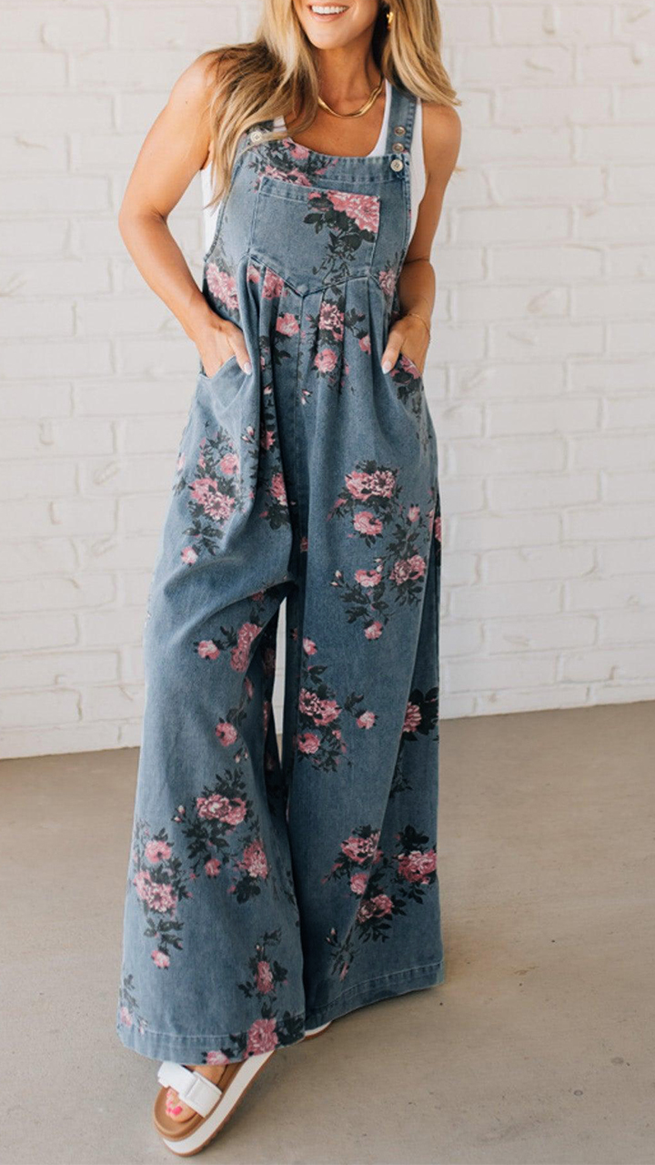 Floral Denim Overalls with Wide-Leg Fit