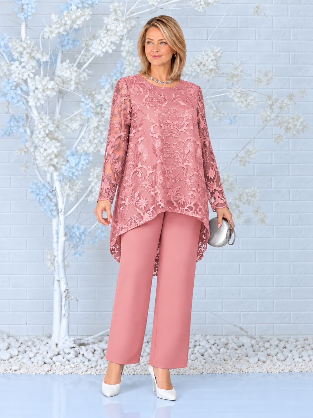 Elegant Lace Overlay Asymmetric Hem Top and Pants Set