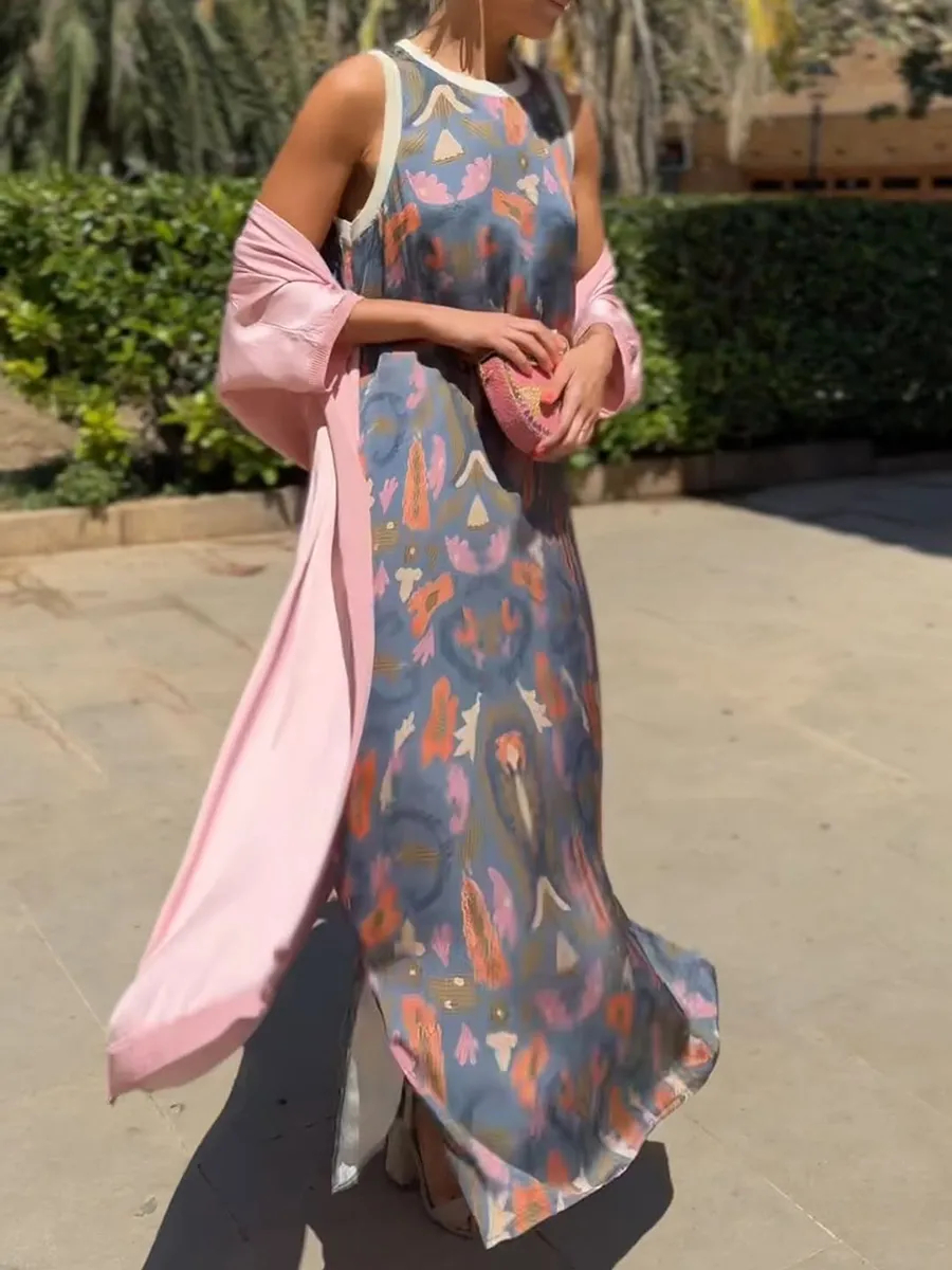 Boho Maxi Dress Set - Printed Sleeveless Dress with Light Shawl