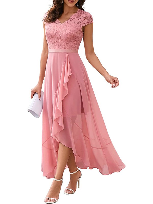 Elegant Lace High Low Chiffon Ruffle Hem Dress