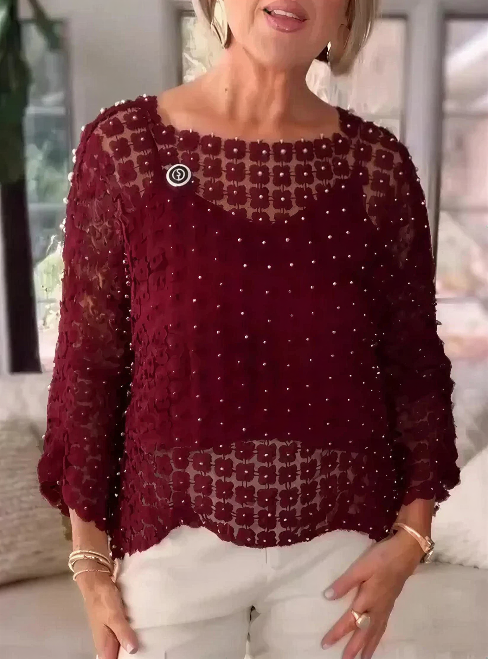 Elegant Floral Pearl Crochet Mesh Top