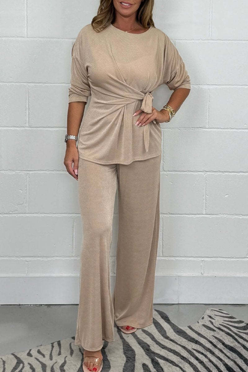 Soft Tie Waist Top and Wide Leg Pants Lounge Set