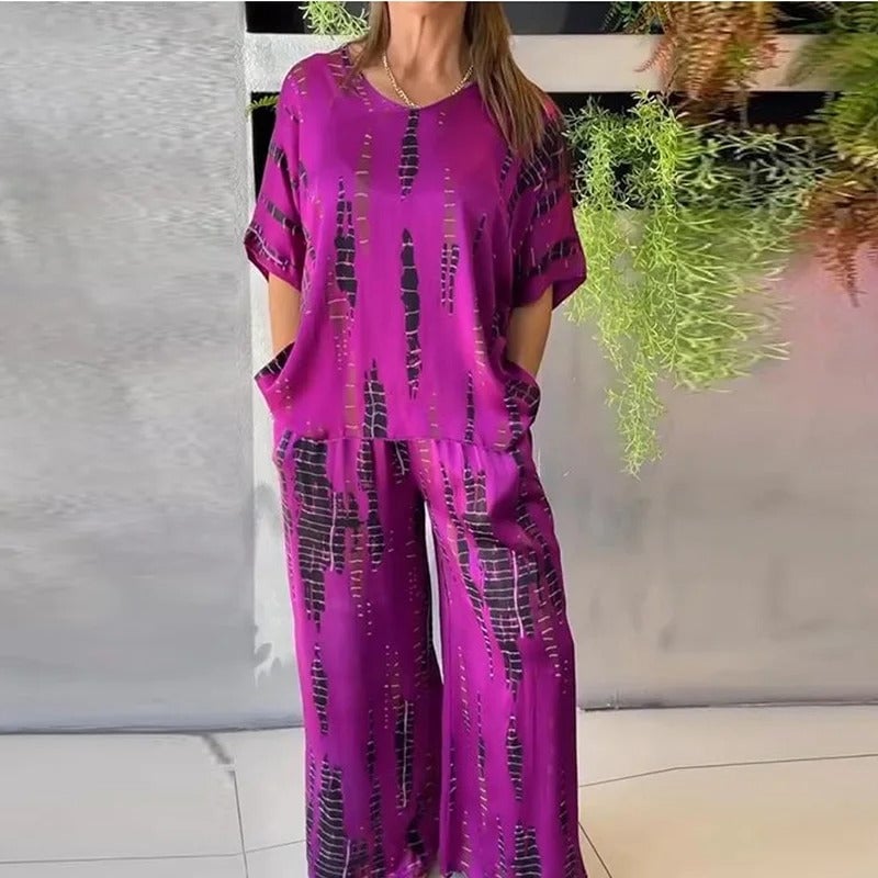 2 Piece Sets For Women Short Sleeve Oversized Blouses Tops Matching Wide Leg Pants