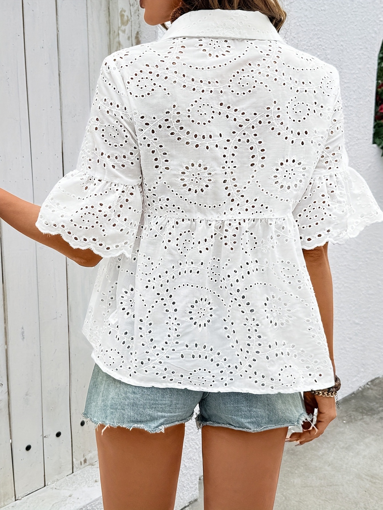Eyelet Embroidered Ruffle Sleeve Shirt Blouse