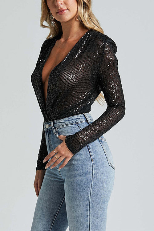 Wrap Deep V Neck Long Sleeves Sequin Bodysuit (Buy 2 Free Shipping)