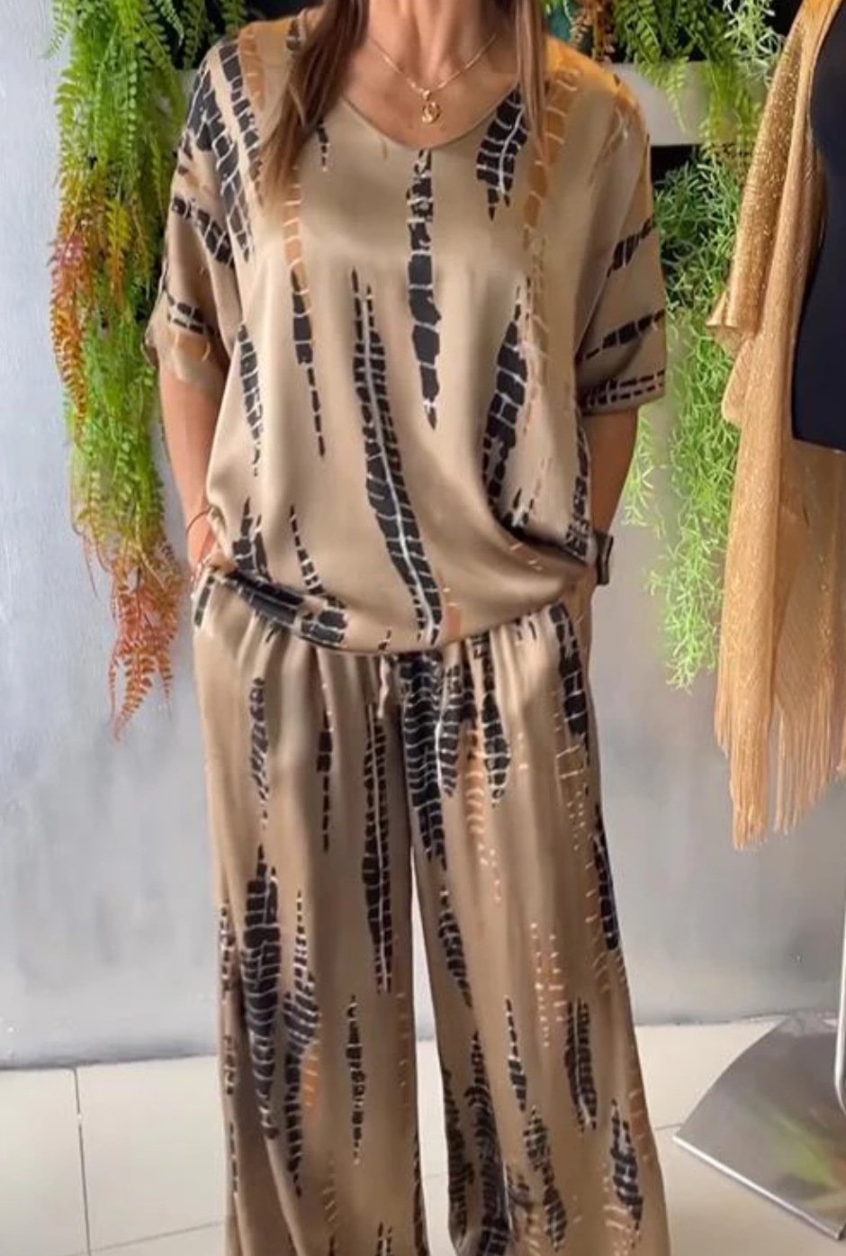 2 Piece Sets For Women Short Sleeve Oversized Blouses Tops Matching Wide Leg Pants