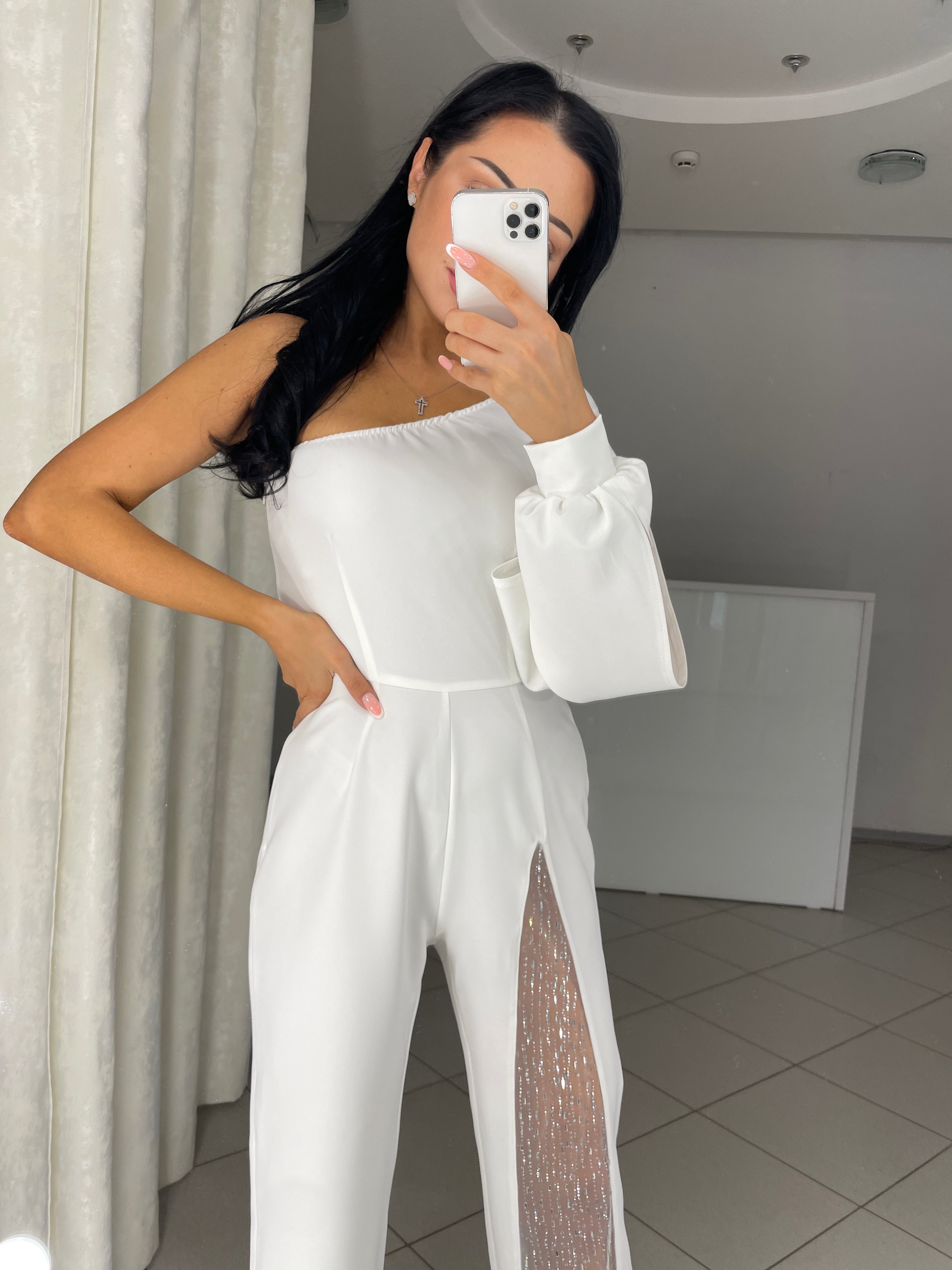 Oblique Shoulder One-sleeve  High Slit Sequin Jumpsuit (Buy 2 Free Shipping)