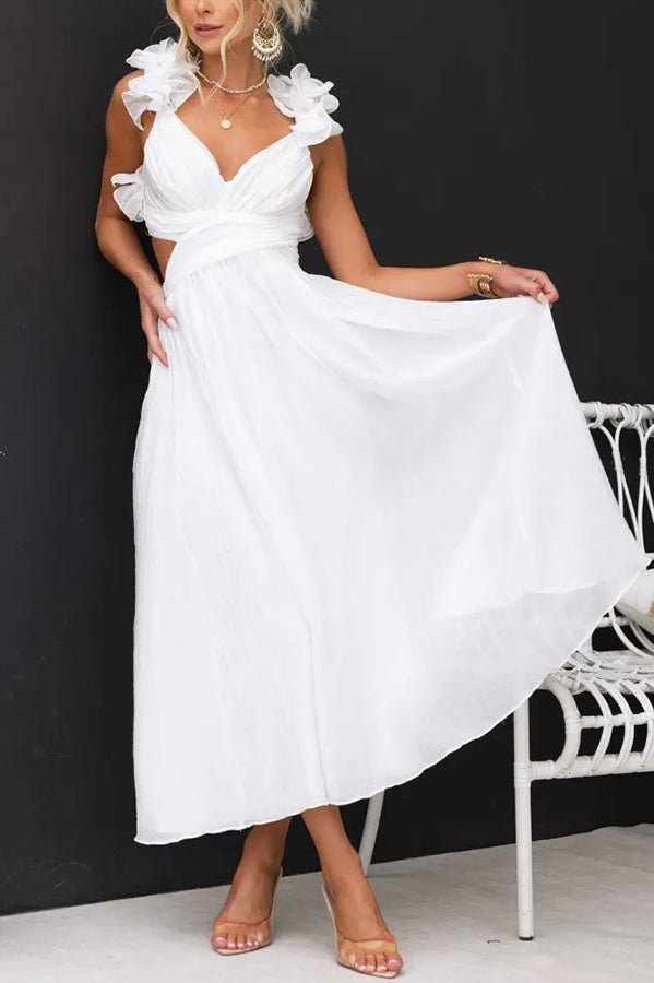 Floral Ruffle Detail Back Lace-up Elastic Waist Maxi Dress