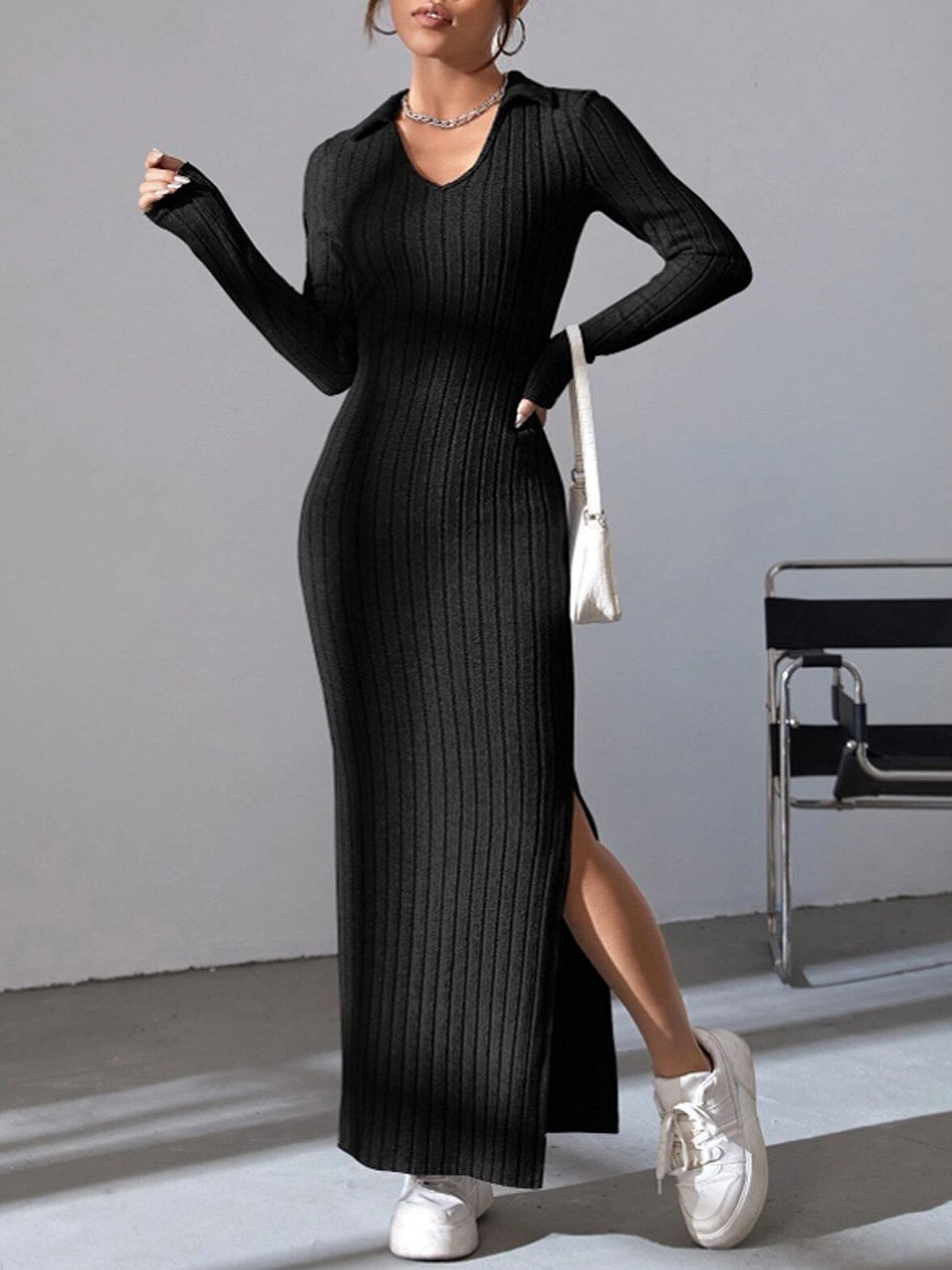 Knitted Fitted Lapel Long Sleeve Ribbed Dress (Buy 2 Free Shipping)