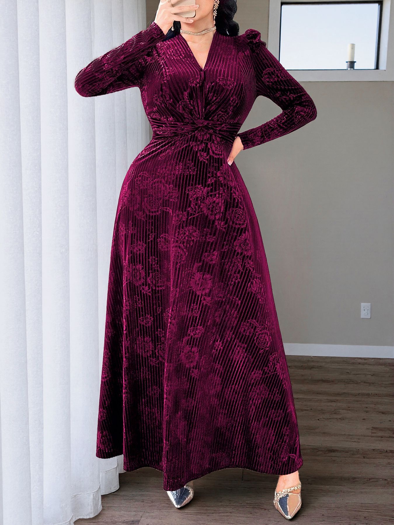 Elegant V-Neck Floral Velvet-Look Ruched Waist Maxi Dress