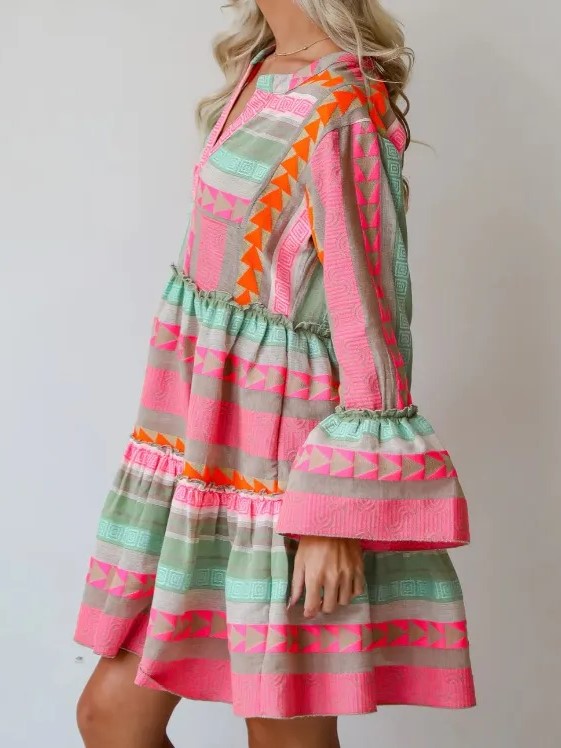 Colorblock Boho Flare Sleeve Swing Dress