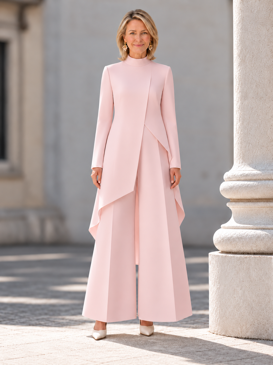 Elegant Long-Sleeve High-Neck Asymmetric Tunic Wide-Leg Two-Piece Set