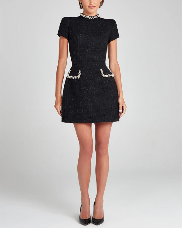 Tweed Fabric Pearl Trim Short Sleeve Pocketed Mini Dress