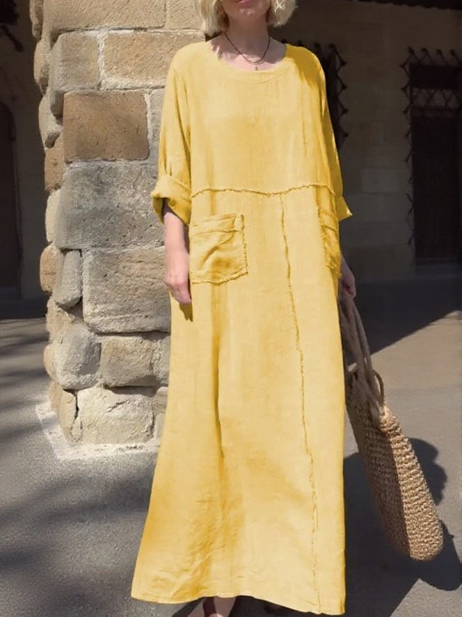 Relaxed Patch-Pocket Cotton-Line Maxi Dress (Buy 2 Free Shipping)