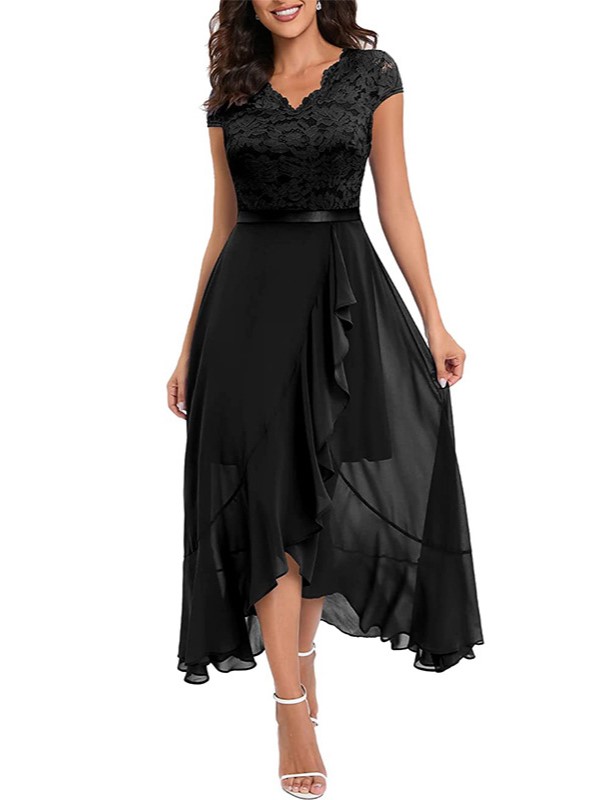 Elegant Lace High Low Chiffon Ruffle Hem Dress