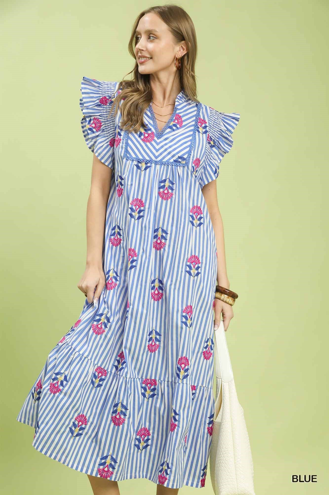 Breezy Striped Floral Flutter Sleeve Tiered Maxi Dress