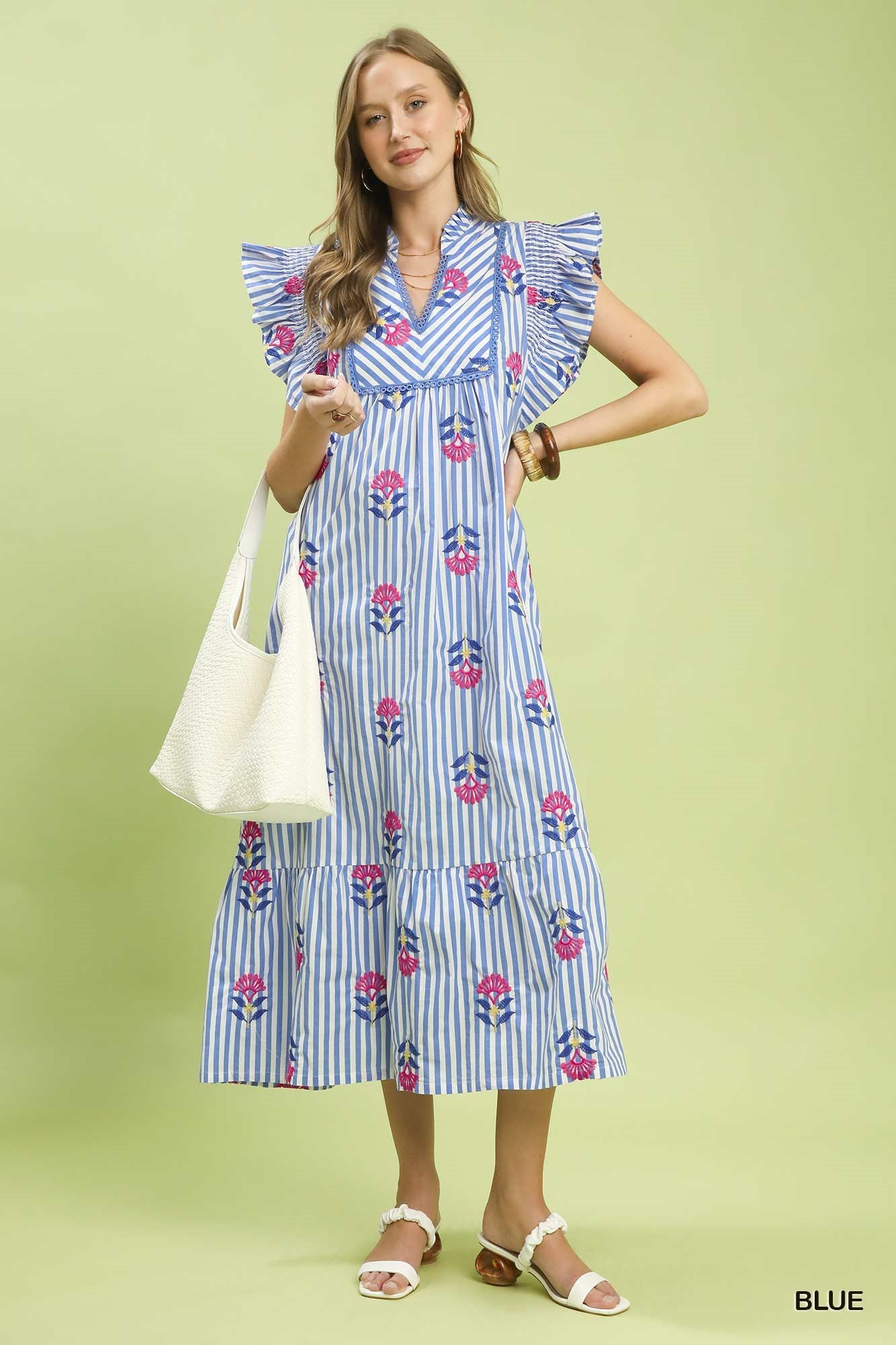 Breezy Striped Floral Flutter Sleeve Tiered Maxi Dress