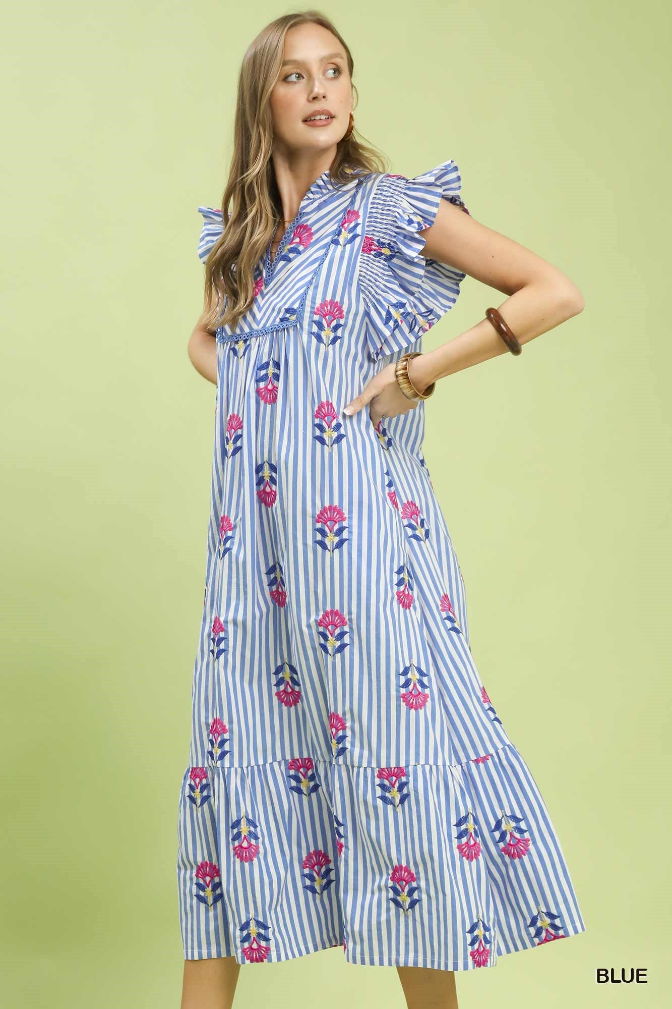 Breezy Striped Floral Flutter Sleeve Tiered Maxi Dress