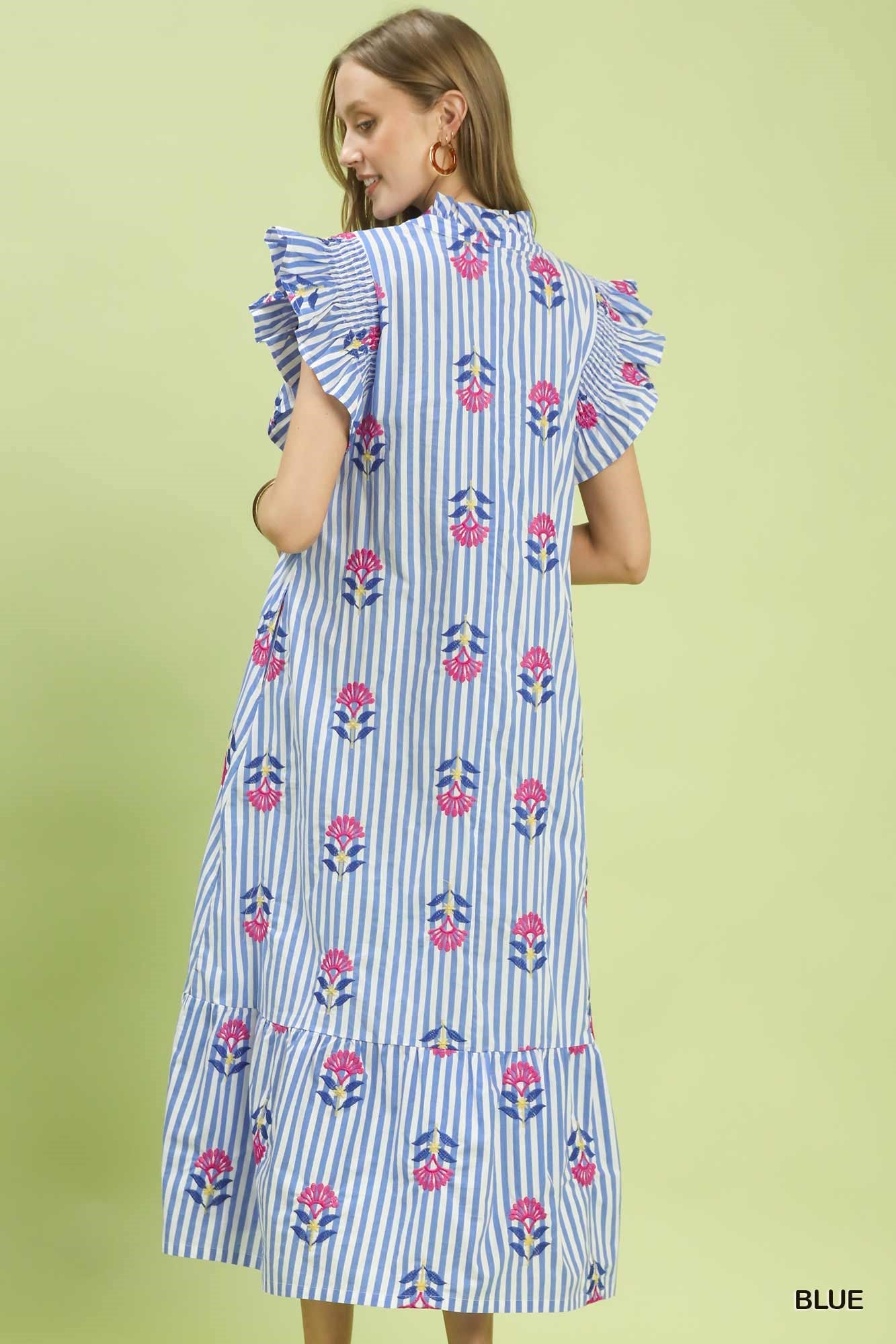 Breezy Striped Floral Flutter Sleeve Tiered Maxi Dress